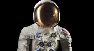 Neil Armstrong's  ILC A7-L Apollo 11 Flight space suit, studio photograph against a black background; three-quarter length view (vertical) of suit, head on (straight front). A19730040000